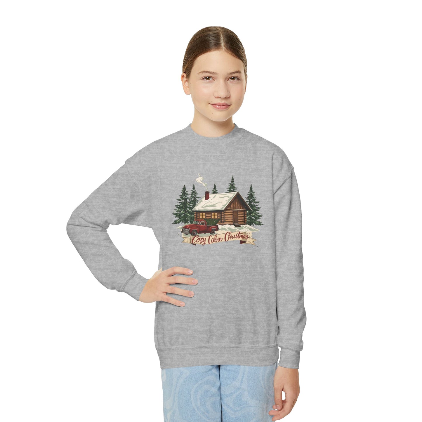 Cozy Cabin Christmas Youth Crewneck | Kids Holiday Sweatshirt | Vintage Cabin & Red Truck Christmas Sweater (10 Colors)