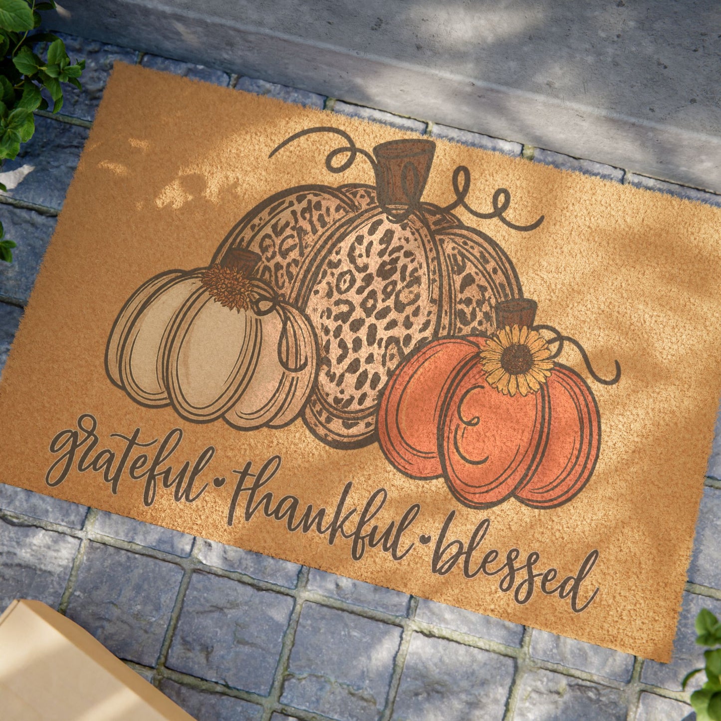 Grateful, Thankful, Blessed Fall Doormat – Autumn Pumpkin Welcome Mat