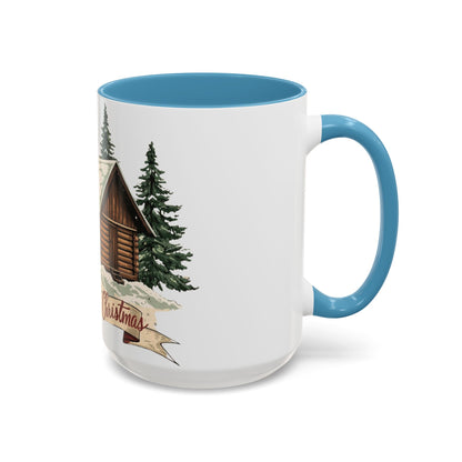 Cozy Cabin Christmas Accent Mug | Rustic Holiday Log Cabin Coffee Cup (11oz & 15oz | 8 Color Options for 11oz, 5 for 15oz)