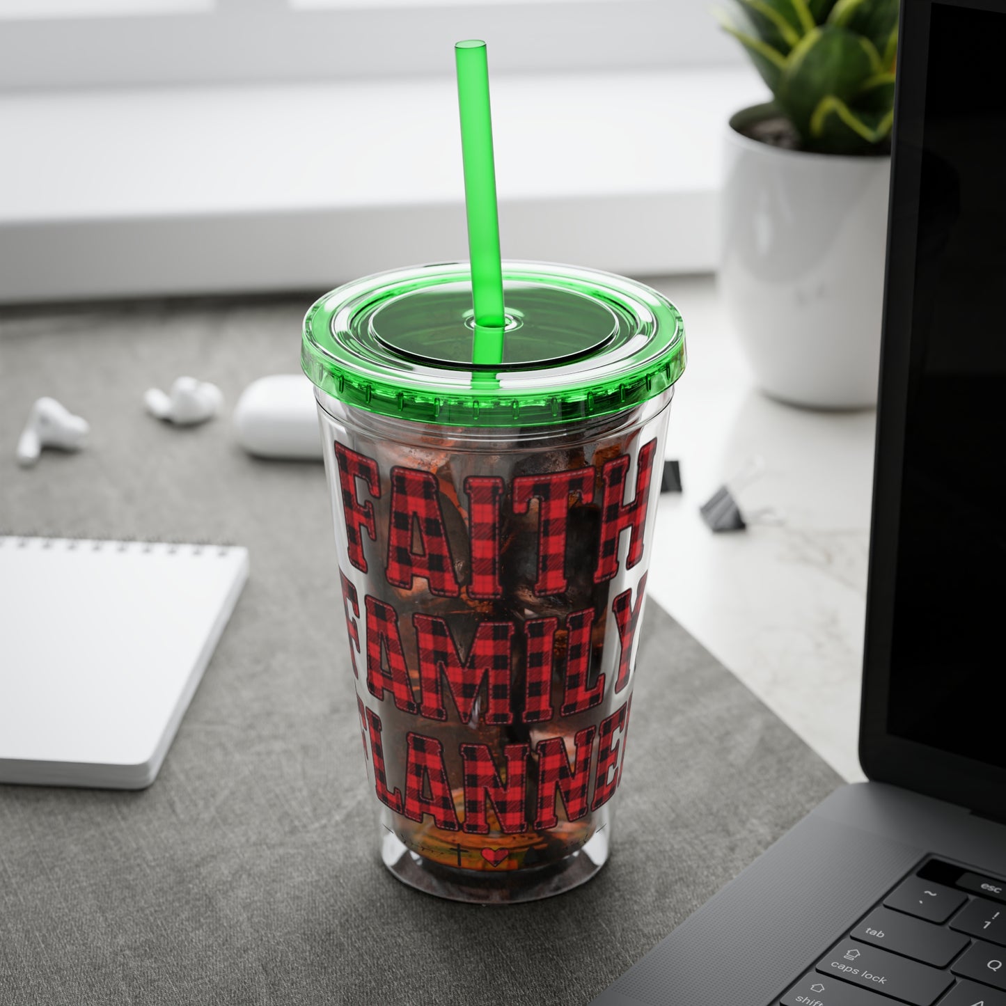Faith, Family & Flannel Acrylic Tumbler with Straw | Christian Buffalo Plaid Cup (9 Color Options)