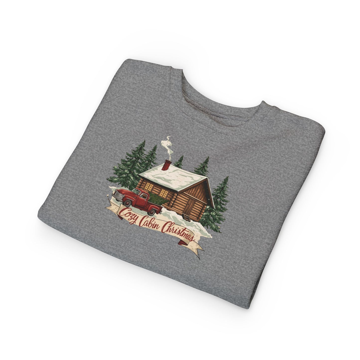 Cozy Cabin Christmas Toddler Crewneck | Kids Holiday Sweatshirt | Vintage Red Truck & Cabin Christmas Sweater (8 Colors)