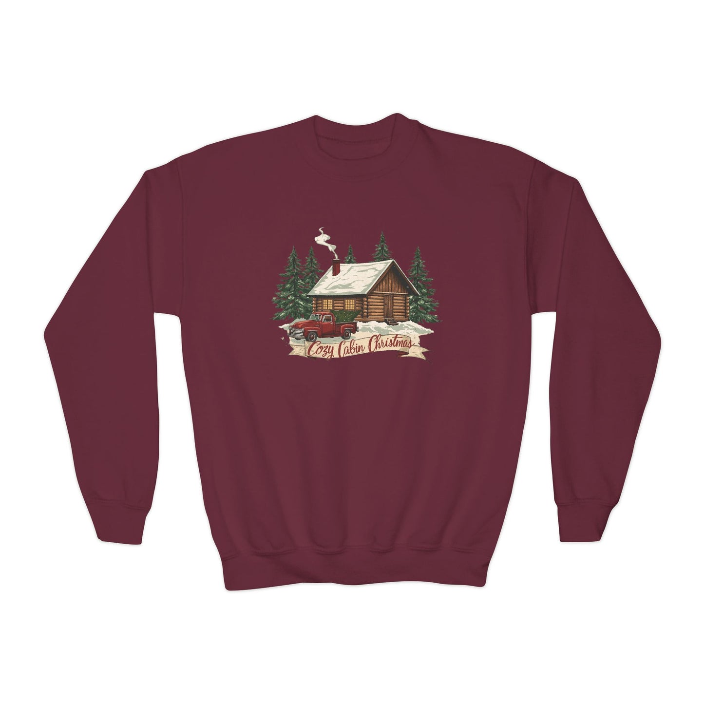 Cozy Cabin Christmas Youth Crewneck | Kids Holiday Sweatshirt | Vintage Cabin & Red Truck Christmas Sweater (10 Colors)