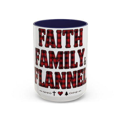 Faith, Family & Flannel Accent Mug | 11oz & 15oz Christian Coffee Cup (Multiple Colors)