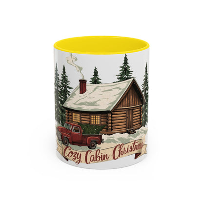 Cozy Cabin Christmas Accent Mug | Rustic Holiday Log Cabin Coffee Cup (11oz & 15oz | 8 Color Options for 11oz, 5 for 15oz)