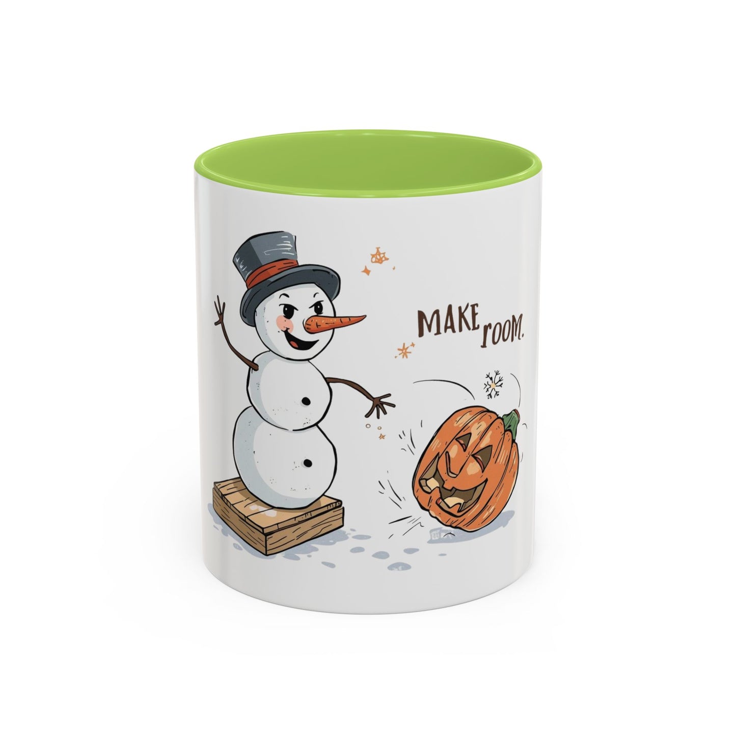 Winter to Fall Humor Mug – “Make Room” Snowman & Pumpkin Mug