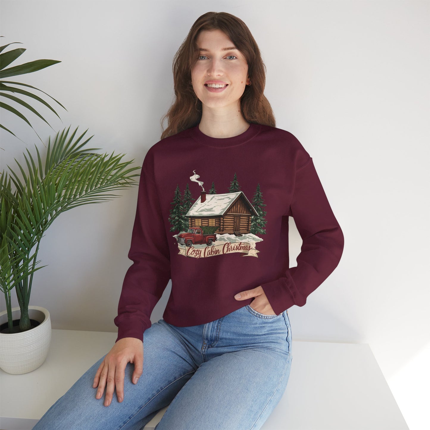 Cozy Cabin Christmas Crewneck Sweatshirt | Rustic Red Truck Holiday Sweater (9 Color Options)