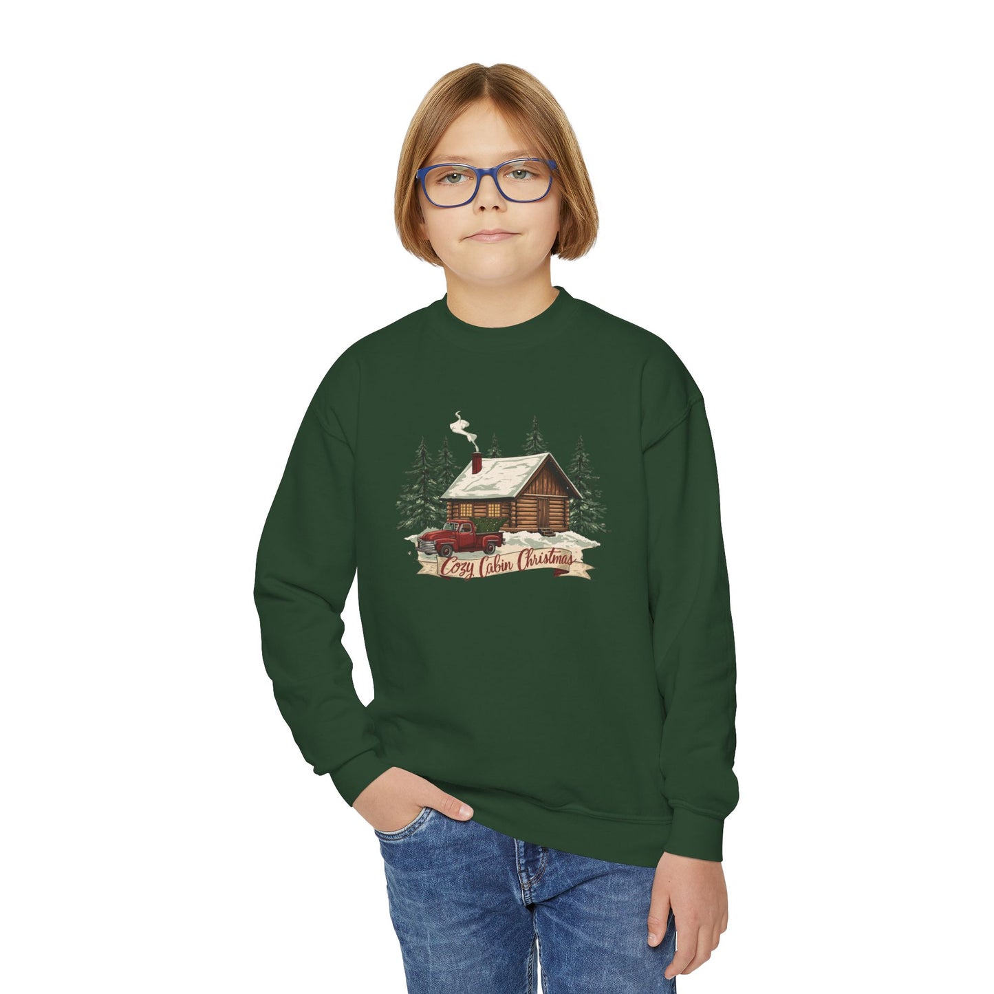 Cozy Cabin Christmas Youth Crewneck | Kids Holiday Sweatshirt | Vintage Cabin & Red Truck Christmas Sweater (10 Colors)