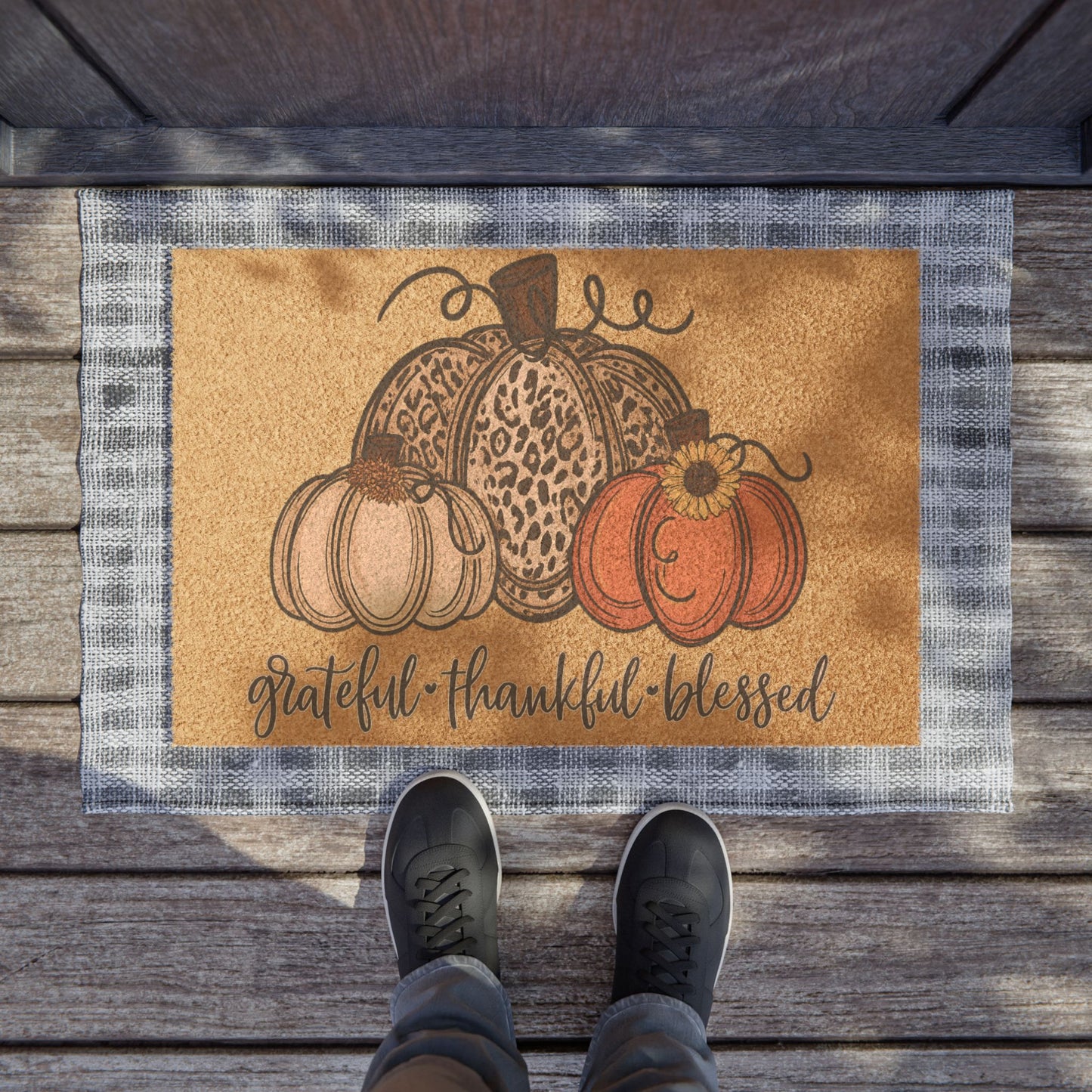 Grateful, Thankful, Blessed Fall Doormat – Autumn Pumpkin Welcome Mat