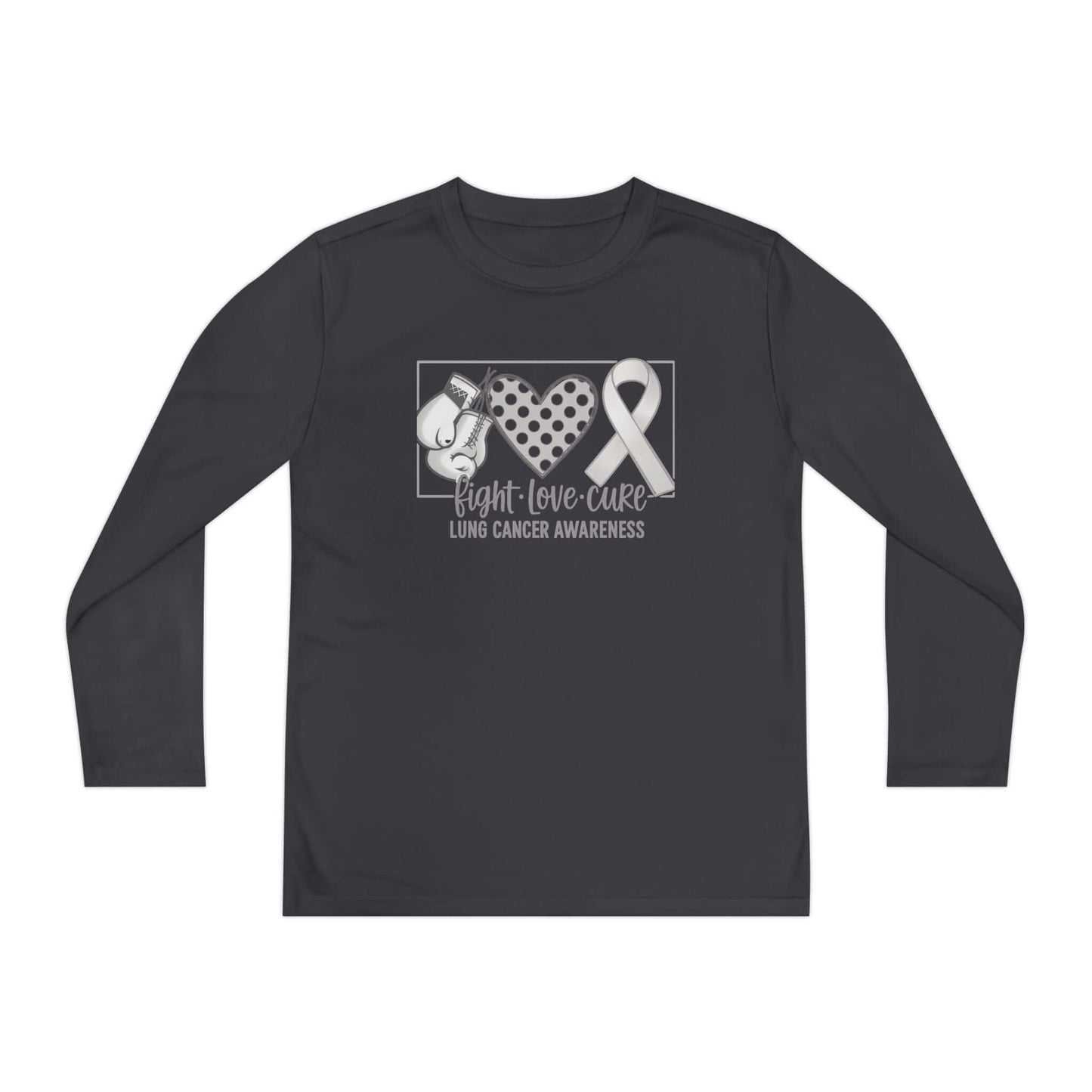 Fight Love Cure Lung Cancer Awareness Youth Long Sleeve Shirt | Kids Awareness Tee design with symbols for courage and support.