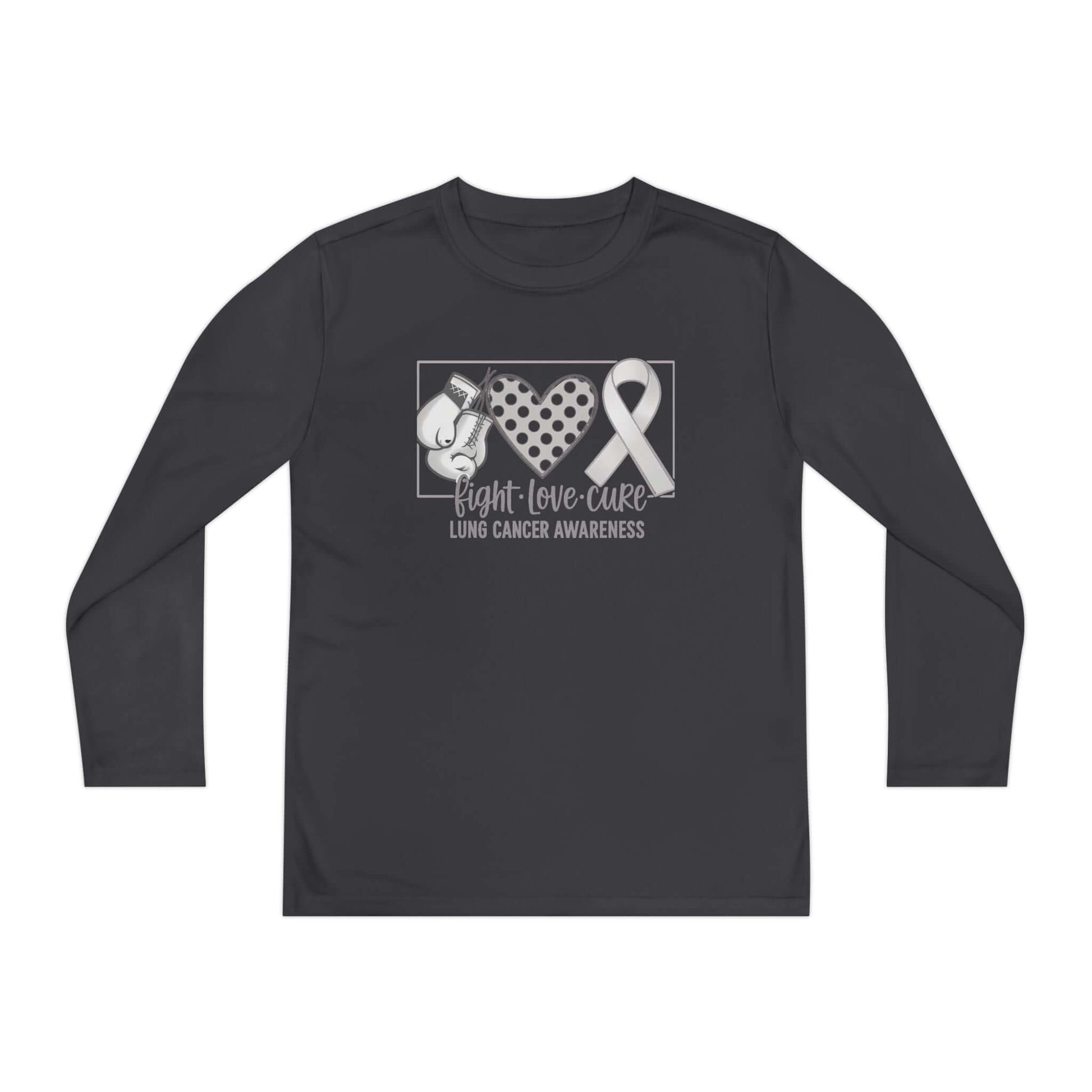 Fight Love Cure Lung Cancer Awareness Youth Long Sleeve Shirt | Kids Awareness Tee design with symbols for courage and support.
