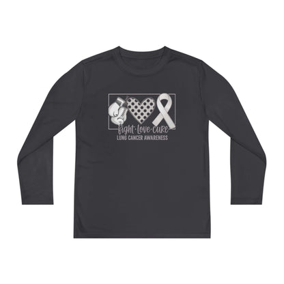 Fight Love Cure Lung Cancer Awareness Youth Long Sleeve Shirt | Kids Awareness Tee design with symbols for courage and support.