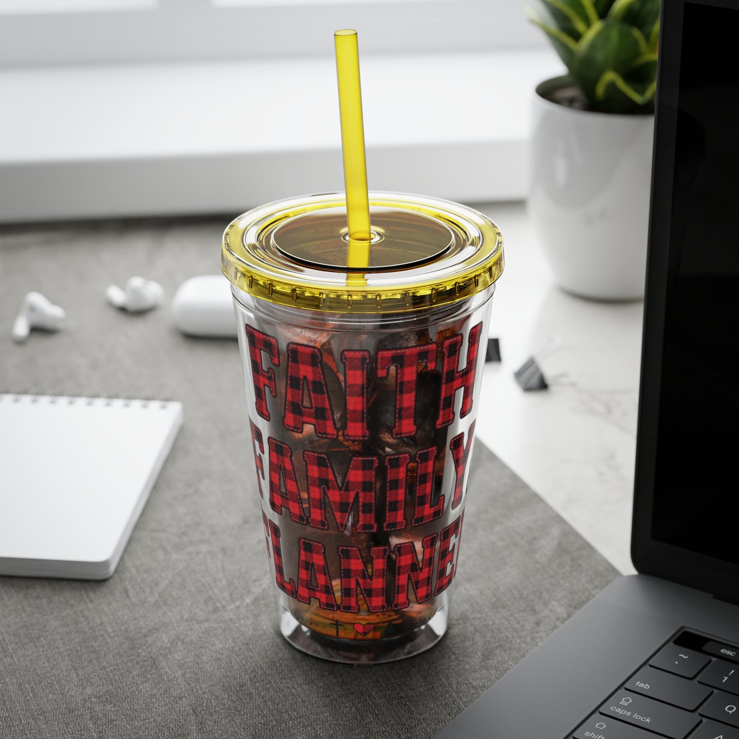 Faith, Family & Flannel Acrylic Tumbler with Straw | Christian Buffalo Plaid Cup (9 Color Options)