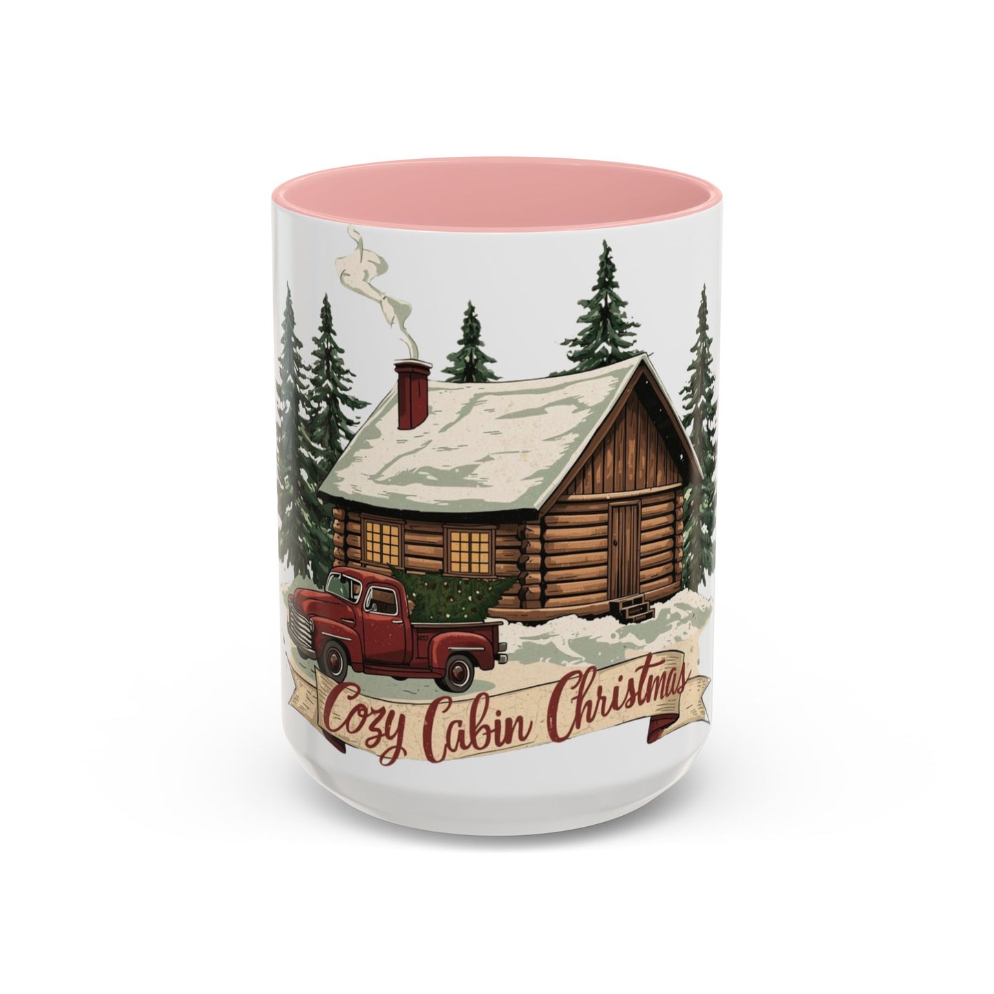 Cozy Cabin Christmas Accent Mug | Rustic Holiday Log Cabin Coffee Cup (11oz & 15oz | 8 Color Options for 11oz, 5 for 15oz)