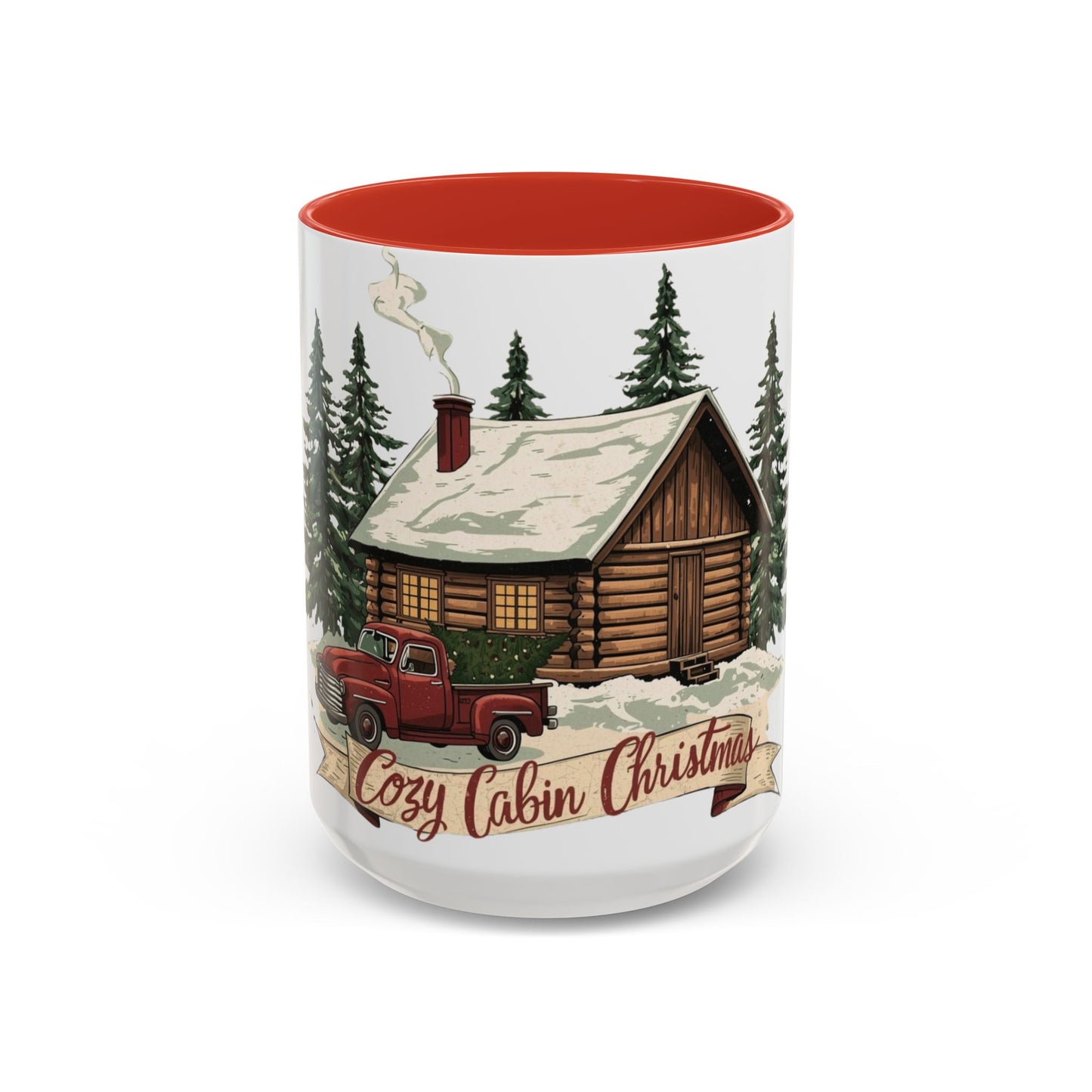 Cozy Cabin Christmas Accent Mug | Rustic Holiday Log Cabin Coffee Cup (11oz & 15oz | 8 Color Options for 11oz, 5 for 15oz)