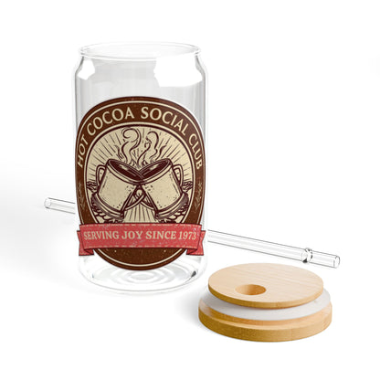 Hot Cocoa Social Club Glass Sipper | Vintage Holiday Iced Coffee & Cocoa Cup with Bamboo Lid & Straw