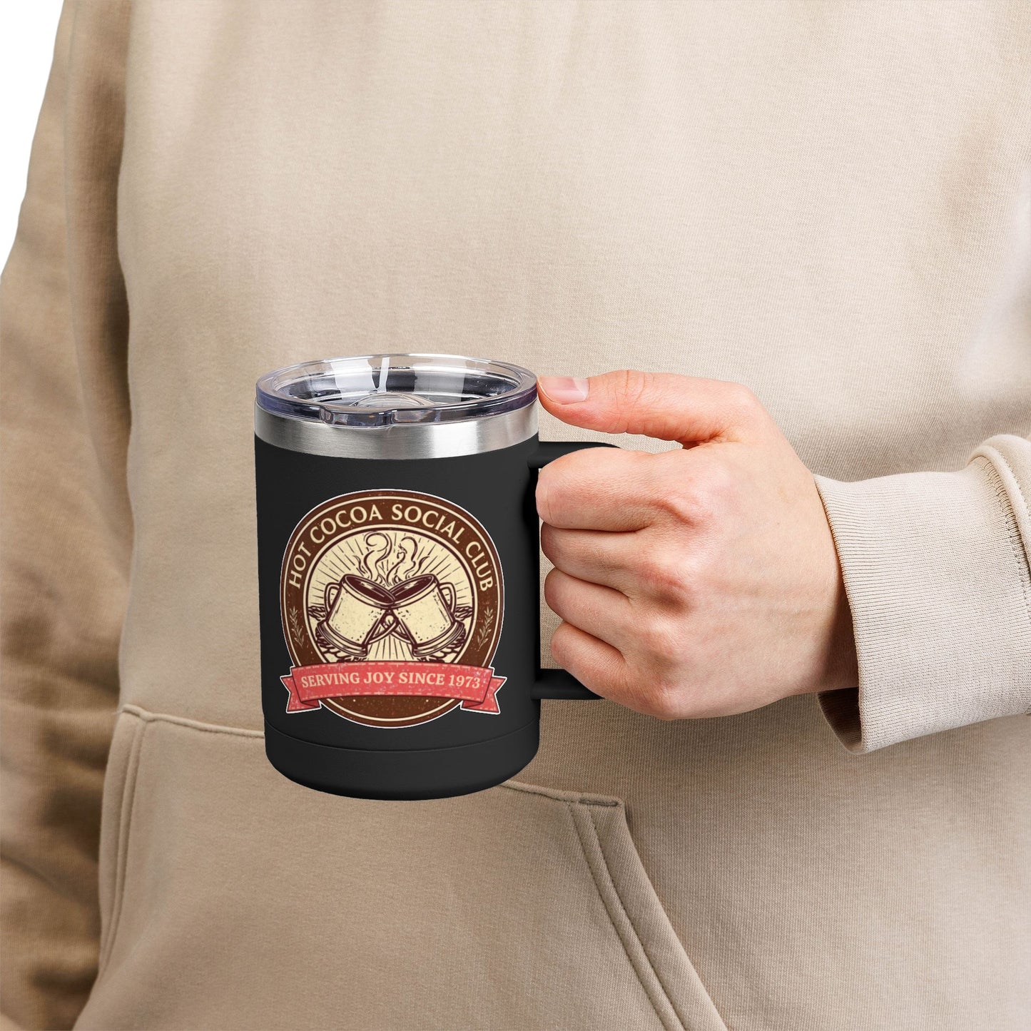 Hot Cocoa Social Club Insulated Coffee Tumbler | Cozy Vintage Mug | Double-Wall Stainless Steel Holiday Drinkware