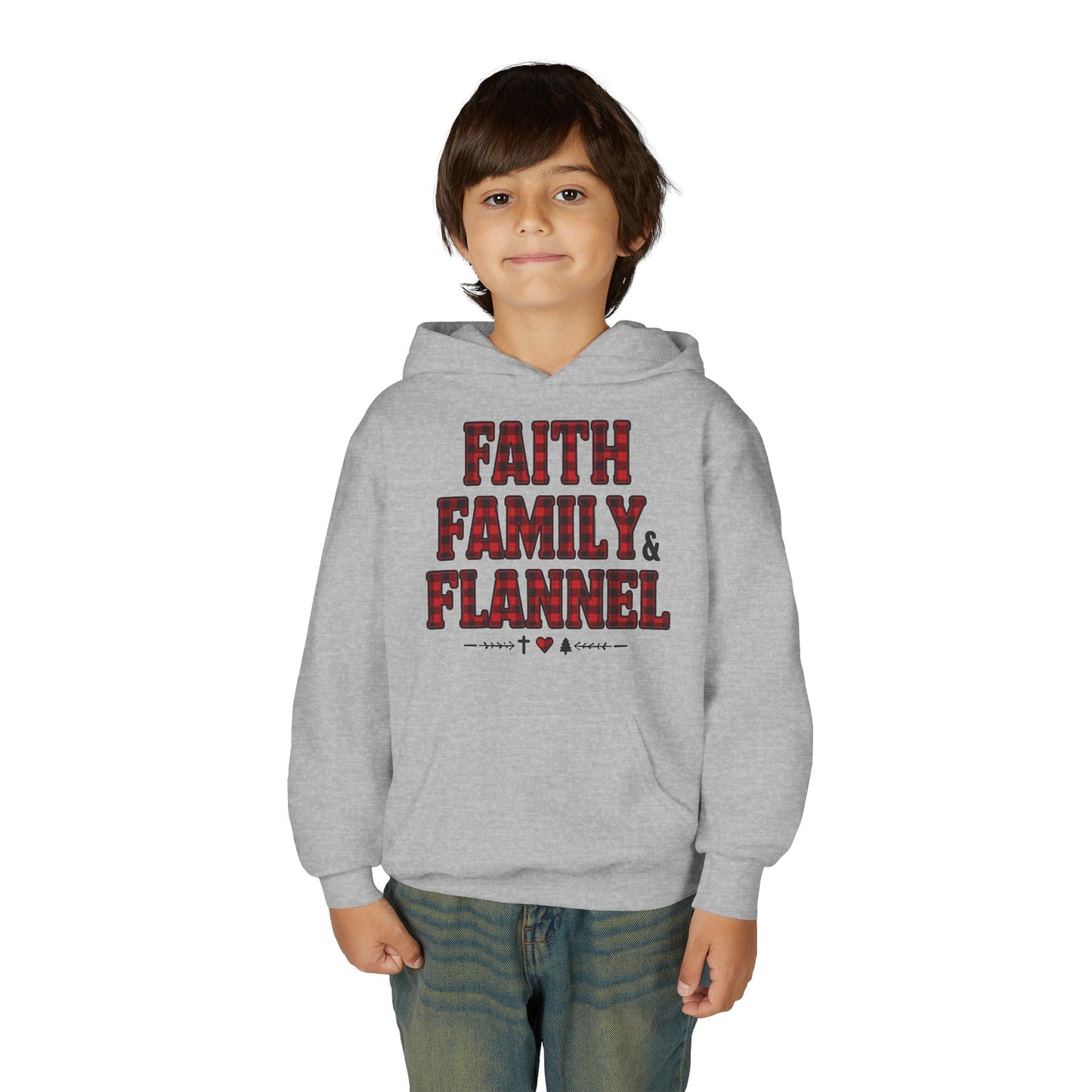 Faith, Family & Flannel Youth Hoodie | Cozy Christian Fall & Holiday Sweatshirt (4 Color Options)