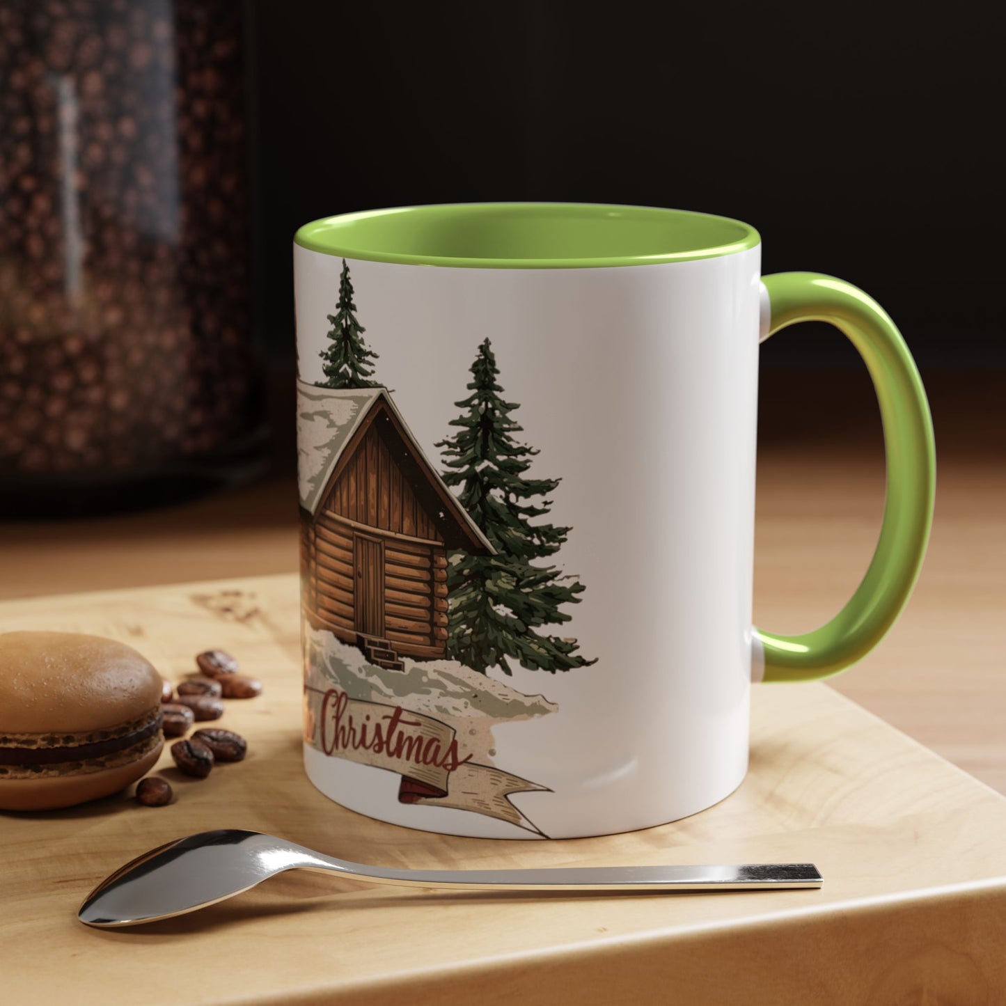 Cozy Cabin Christmas Accent Mug | Rustic Holiday Log Cabin Coffee Cup (11oz & 15oz | 8 Color Options for 11oz, 5 for 15oz)