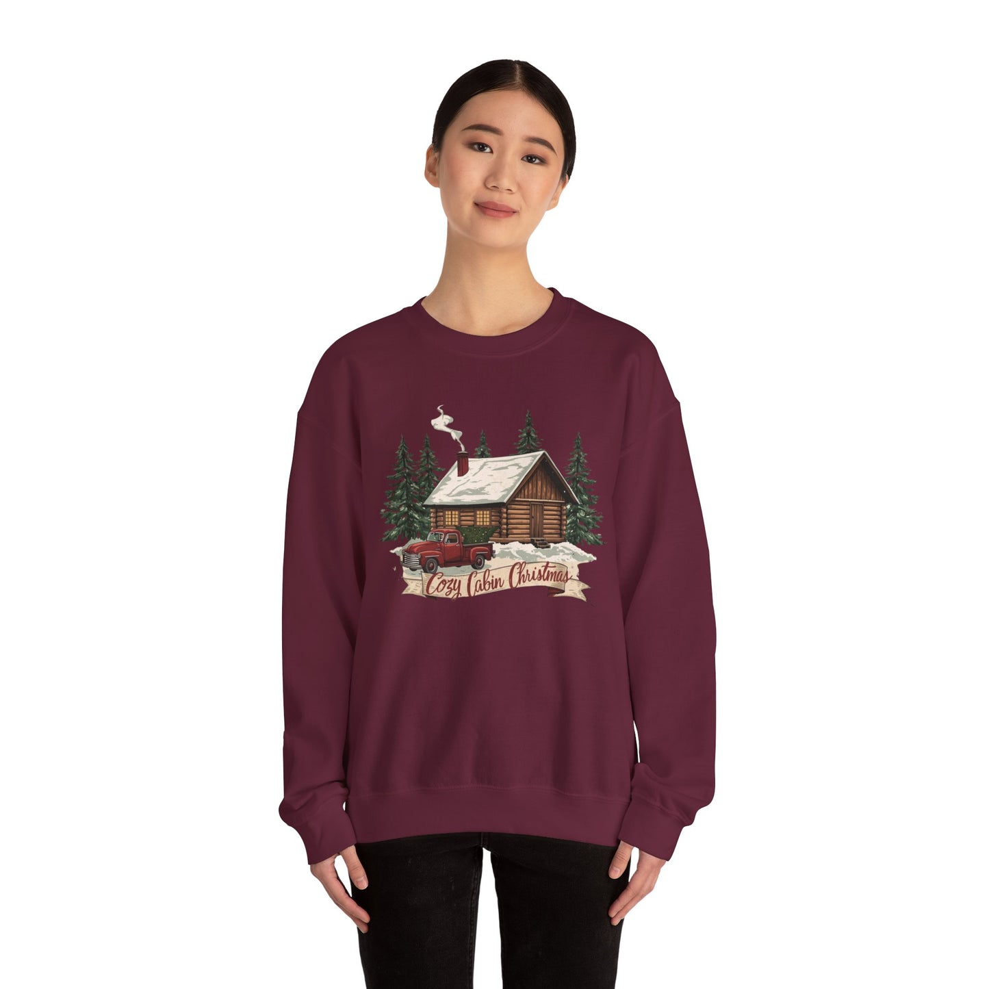 Cozy Cabin Christmas Crewneck Sweatshirt | Rustic Red Truck Holiday Sweater (9 Color Options)