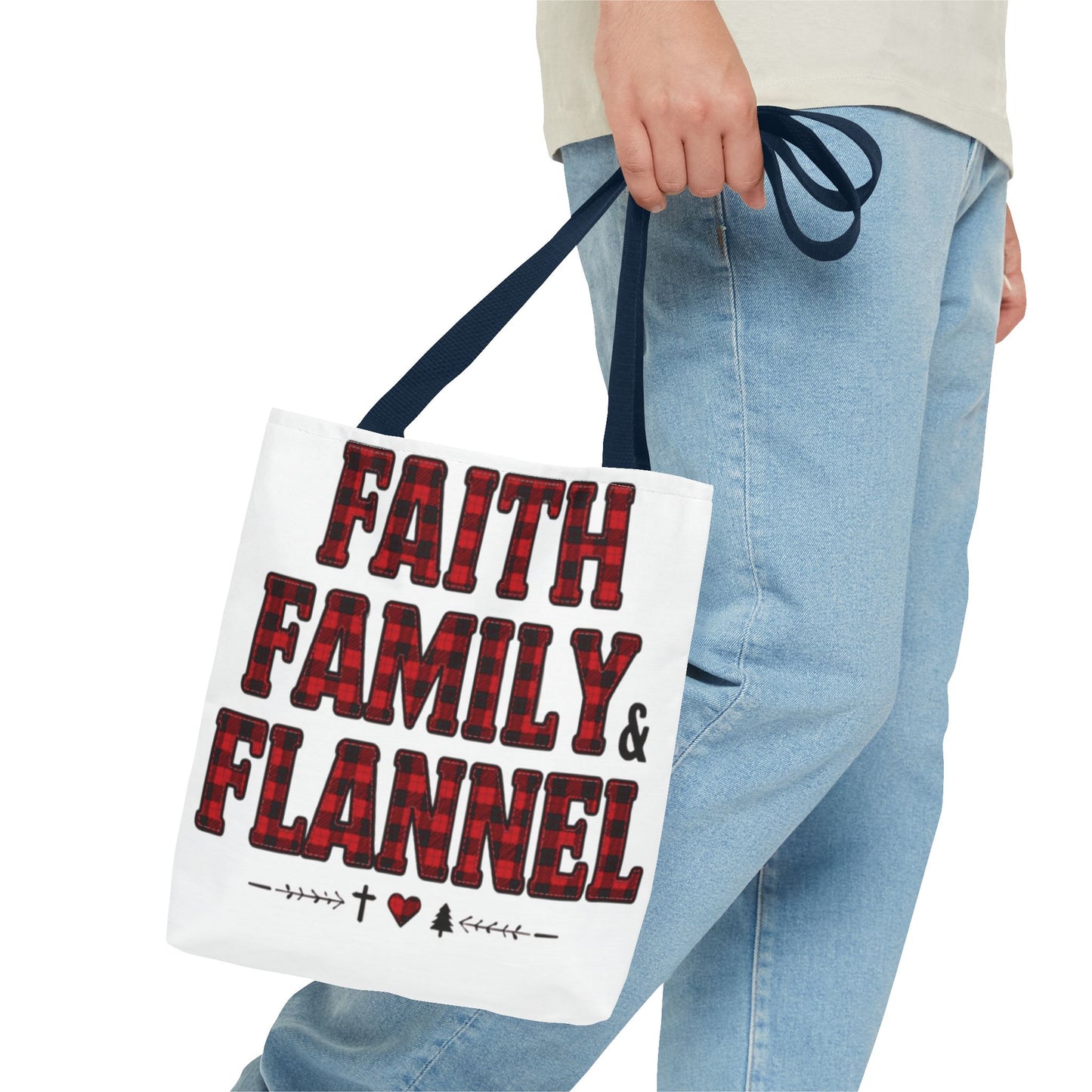 Faith, Family & Flannel Tote Bag | Buffalo Plaid Christian Tote (5 Handle Colors)