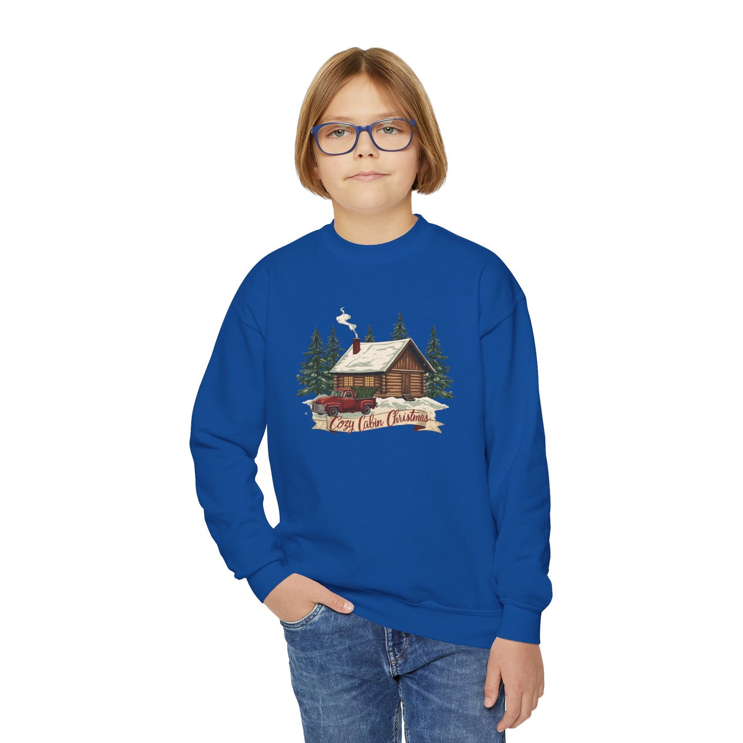 Cozy Cabin Christmas Youth Crewneck | Kids Holiday Sweatshirt | Vintage Cabin & Red Truck Christmas Sweater (10 Colors)