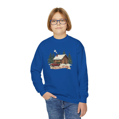 Cozy Cabin Christmas Youth Crewneck | Kids Holiday Sweatshirt | Vintage Cabin & Red Truck Christmas Sweater (10 Colors)
