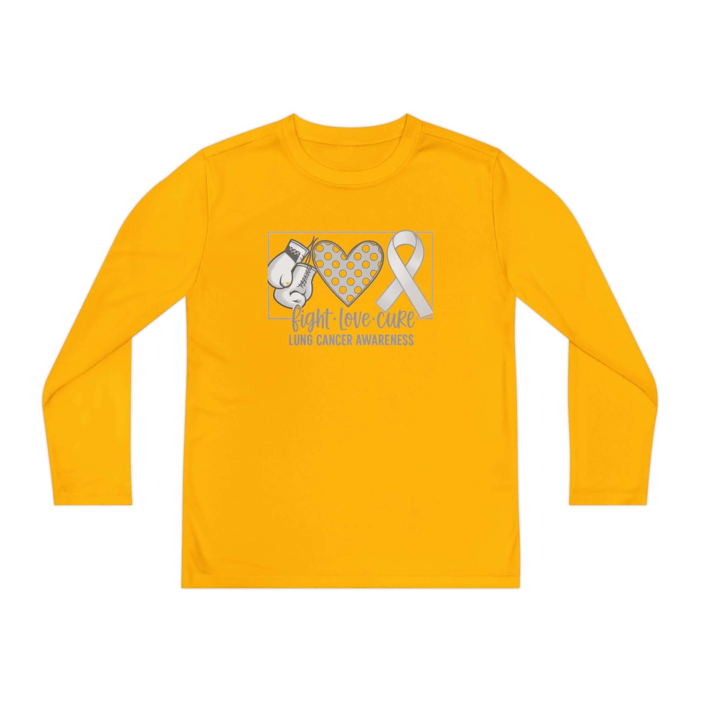 Fight Love Cure Lung Cancer Awareness Youth Long Sleeve Shirt | Kids Awareness Tee in yellow with boxing gloves and ribbon design.