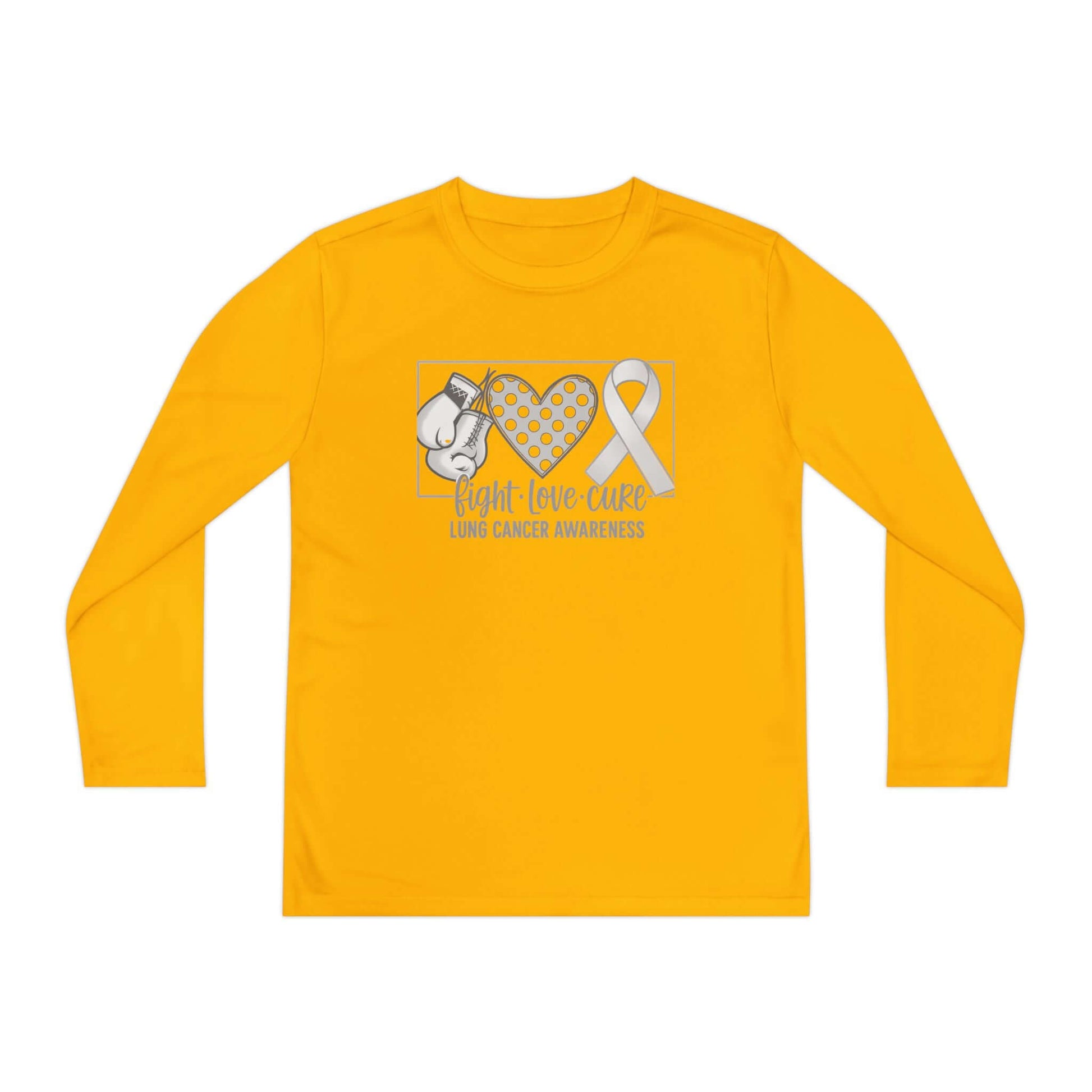 Fight Love Cure Lung Cancer Awareness Youth Long Sleeve Shirt | Kids Awareness Tee in yellow with boxing gloves and ribbon design.