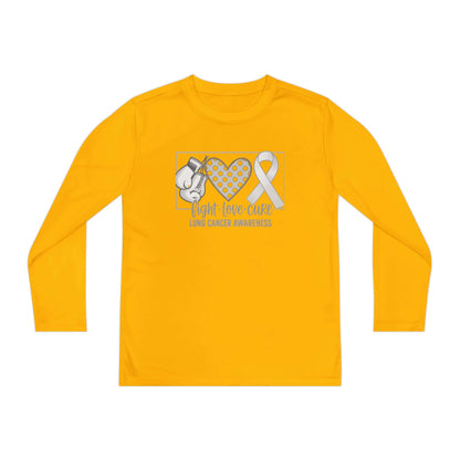 Fight Love Cure Lung Cancer Awareness Youth Long Sleeve Shirt | Kids Awareness Tee in yellow with boxing gloves and ribbon design.