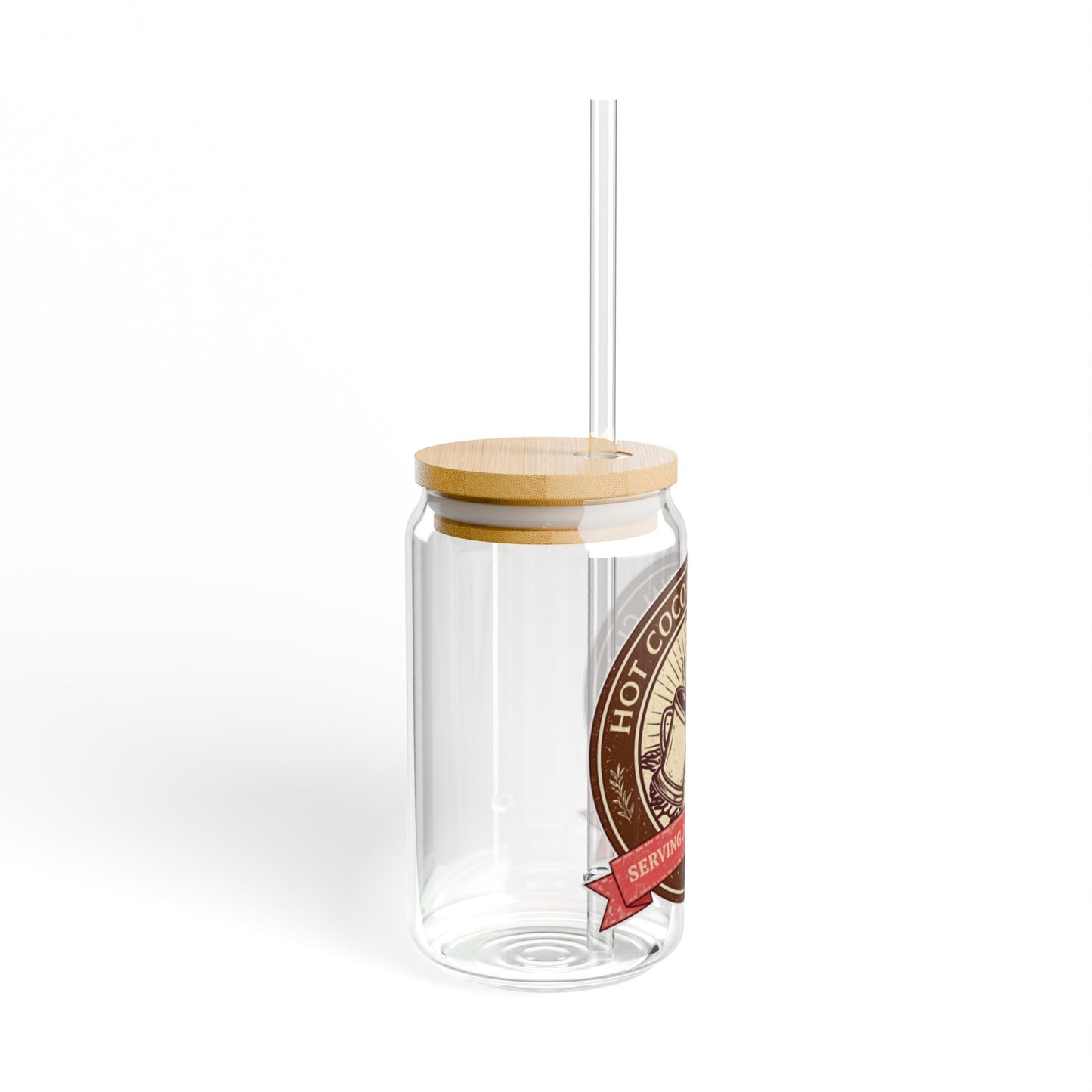 Hot Cocoa Social Club Glass Sipper | Vintage Holiday Iced Coffee & Cocoa Cup with Bamboo Lid & Straw