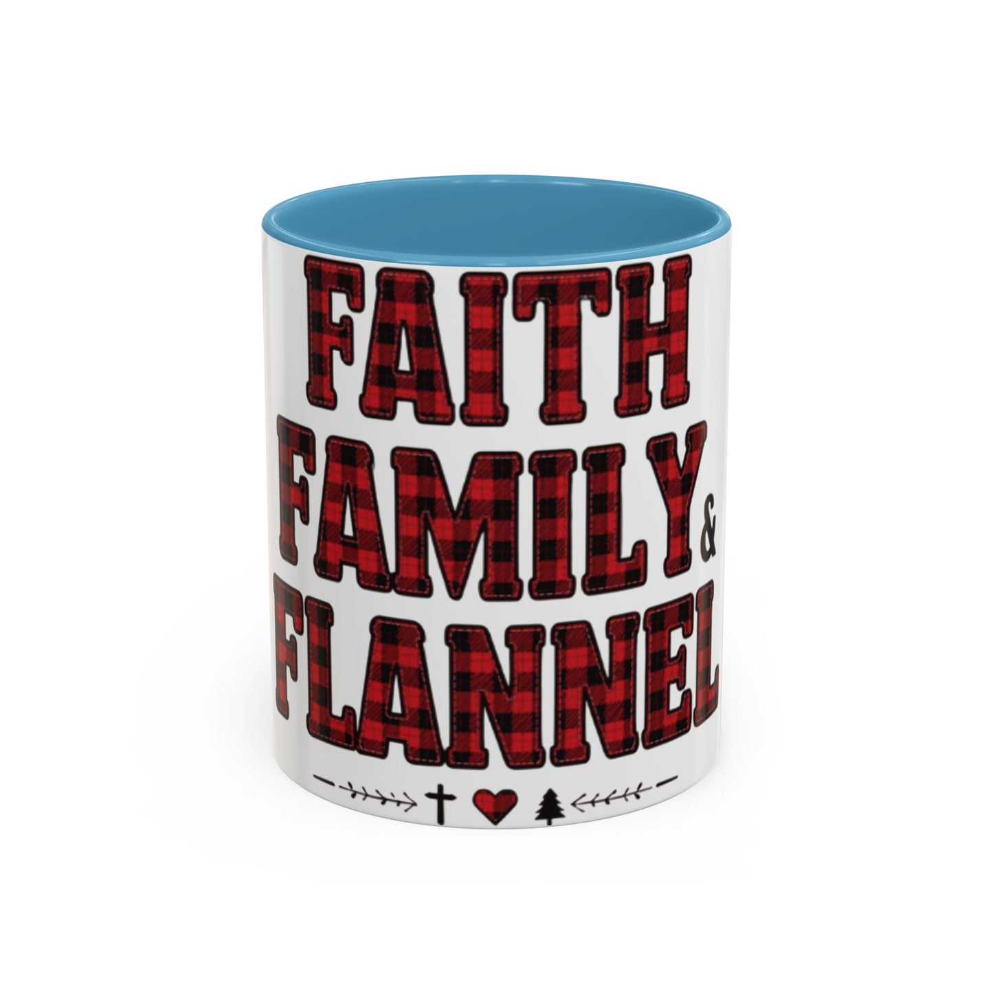 Faith, Family & Flannel Accent Mug | 11oz & 15oz Christian Coffee Cup (Multiple Colors)