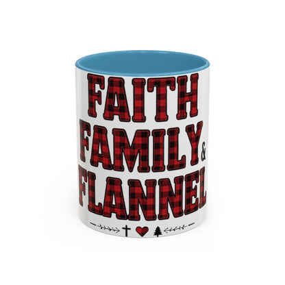 Faith, Family & Flannel Accent Mug | 11oz & 15oz Christian Coffee Cup (Multiple Colors)