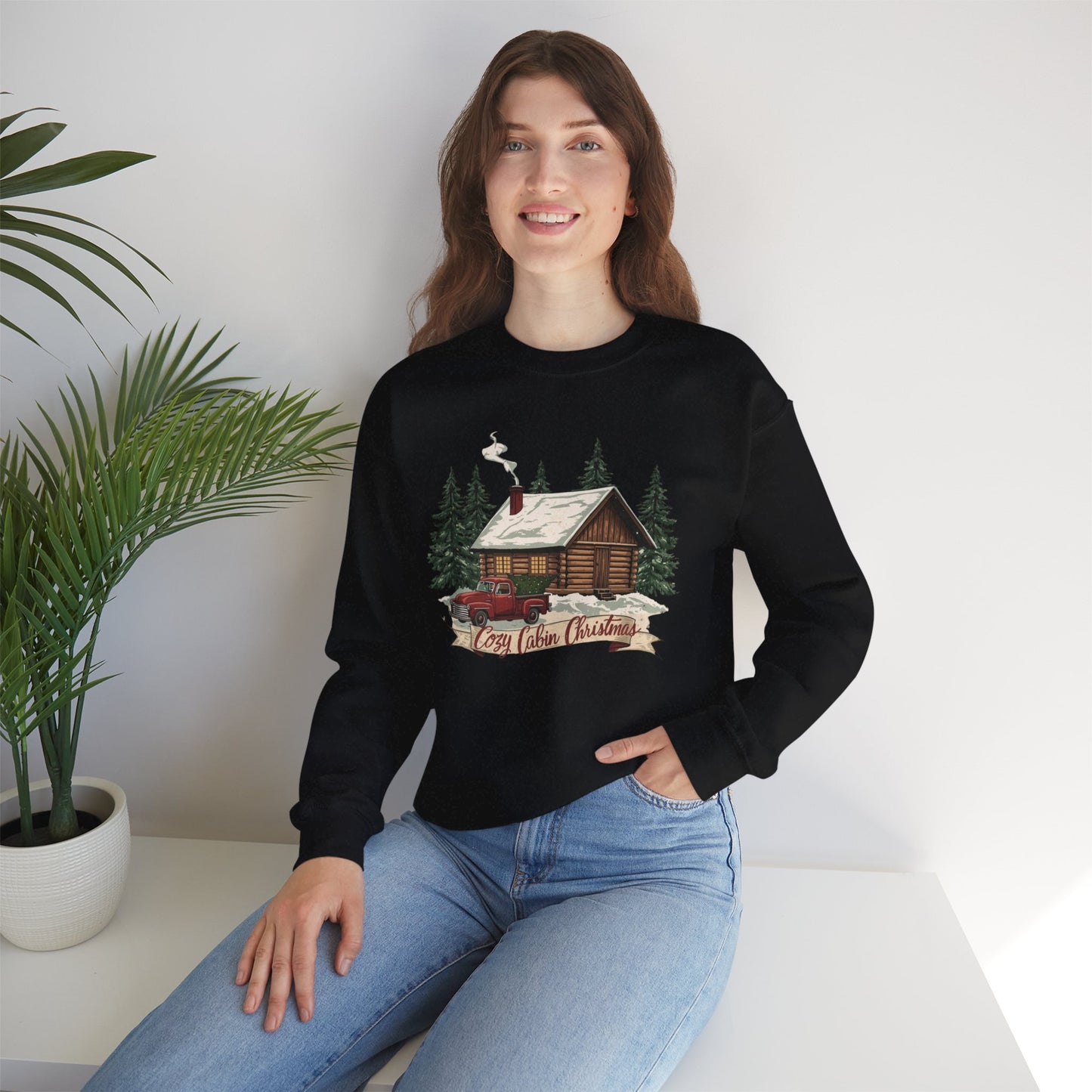 Cozy Cabin Christmas Crewneck Sweatshirt | Rustic Red Truck Holiday Sweater (9 Color Options)