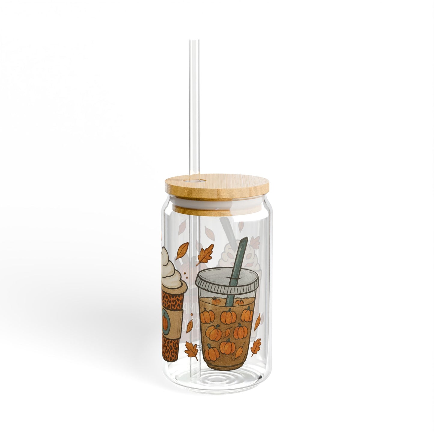 Pumpkin Spice Sipper Glass | Fall Iced Coffee Cup with Bamboo Lid & Glass Straw | Autumn Aesthetic Drinkware