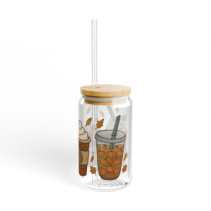 Pumpkin Spice Sipper Glass | Fall Iced Coffee Cup with Bamboo Lid & Glass Straw | Autumn Aesthetic Drinkware
