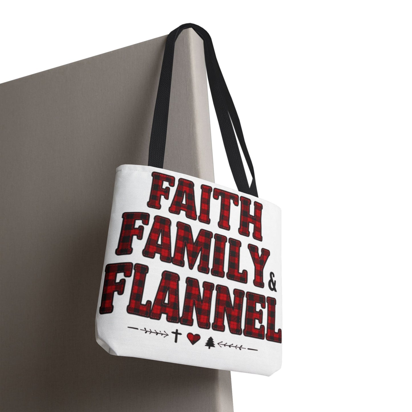 Faith, Family & Flannel Tote Bag | Buffalo Plaid Christian Tote (5 Handle Colors)