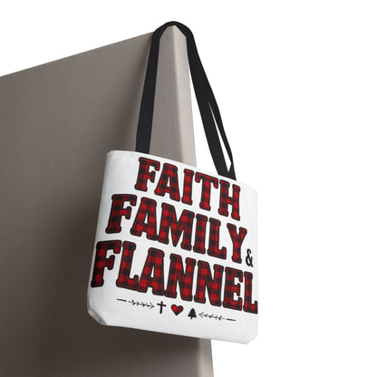 Faith, Family & Flannel Tote Bag | Buffalo Plaid Christian Tote (5 Handle Colors)