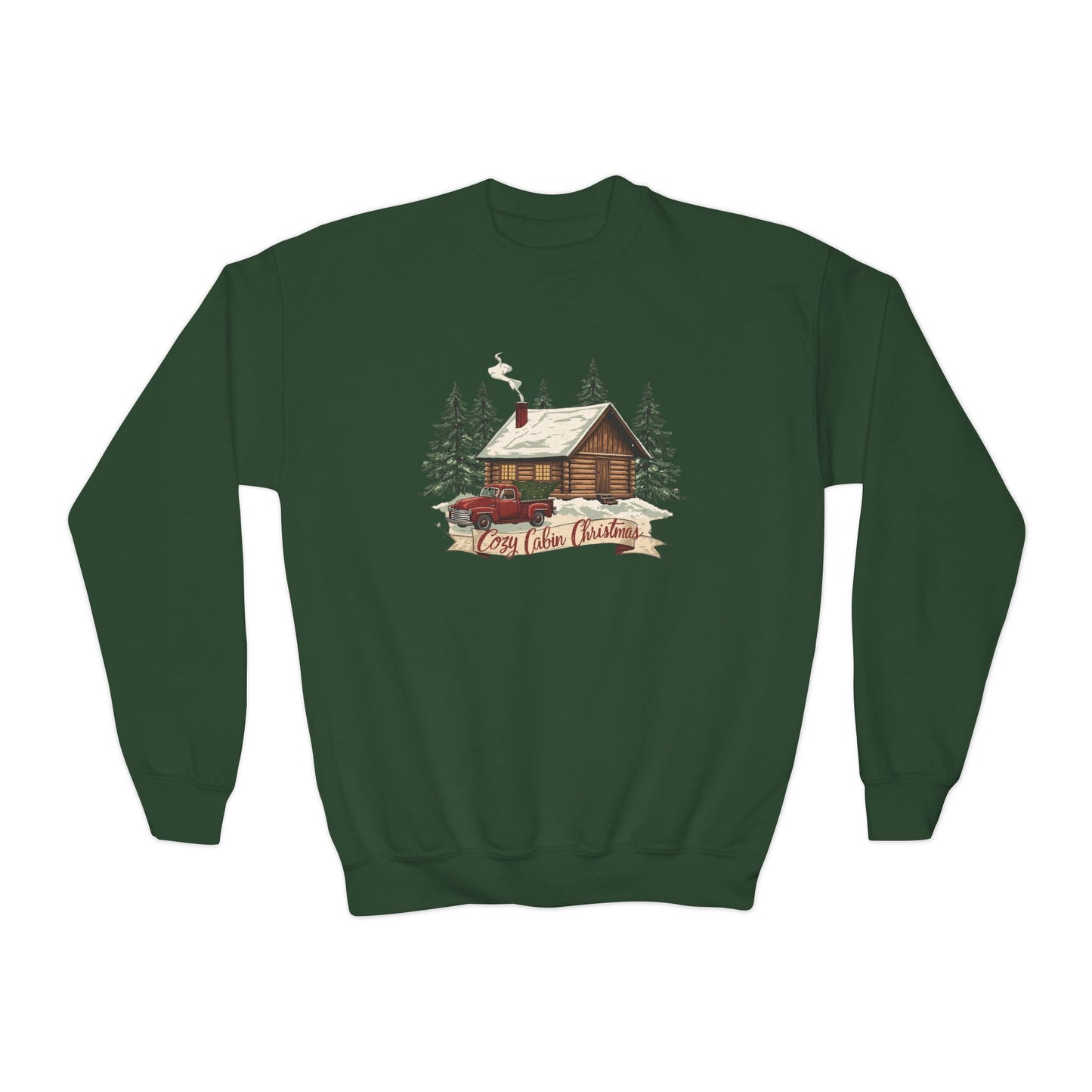 Cozy Cabin Christmas Youth Crewneck | Kids Holiday Sweatshirt | Vintage Cabin & Red Truck Christmas Sweater (10 Colors)
