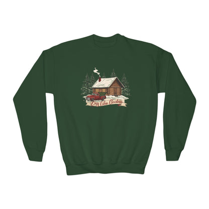Cozy Cabin Christmas Youth Crewneck | Kids Holiday Sweatshirt | Vintage Cabin & Red Truck Christmas Sweater (10 Colors)