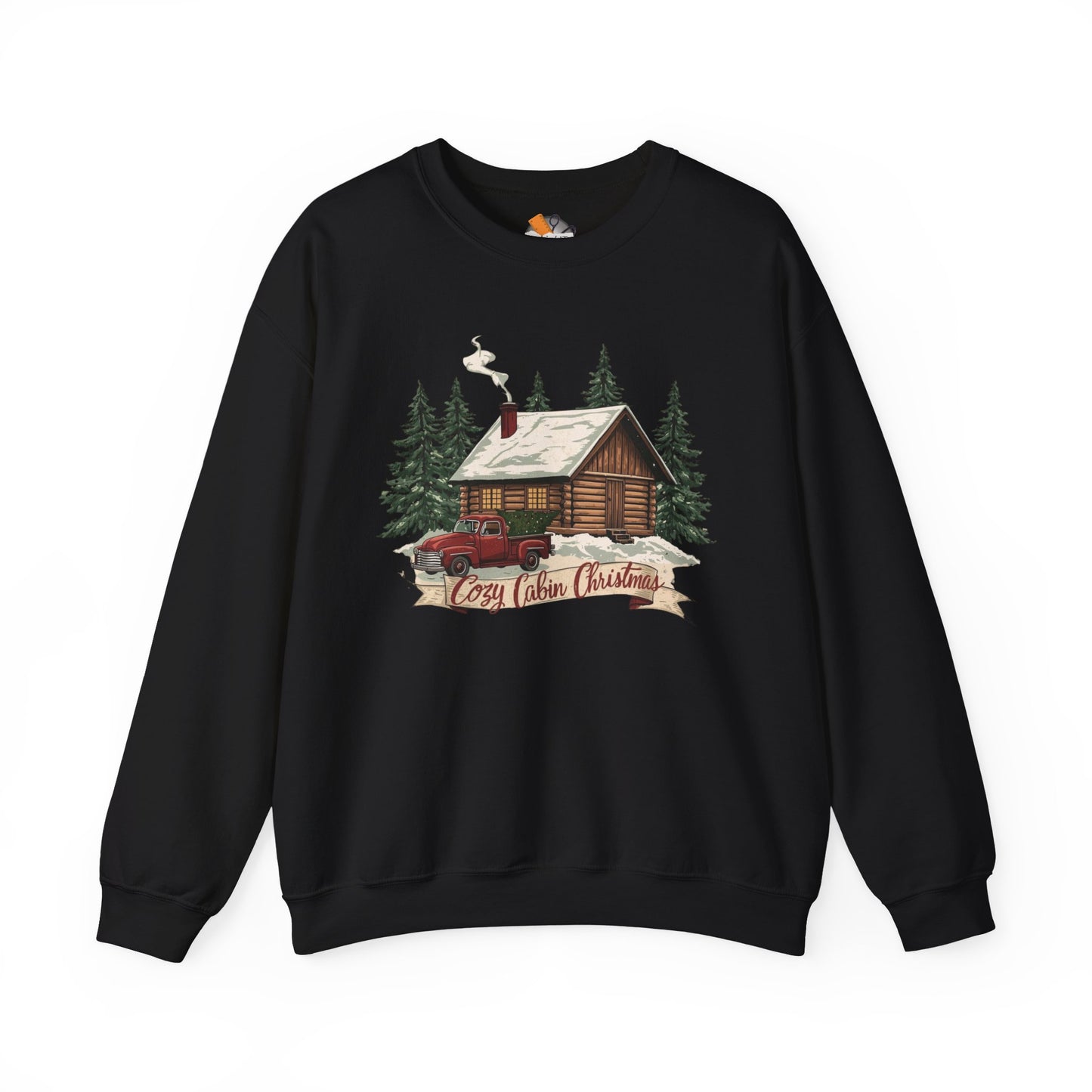 Cozy Cabin Christmas Crewneck Sweatshirt | Rustic Red Truck Holiday Sweater (9 Color Options)