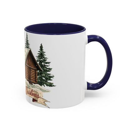 Cozy Cabin Christmas Accent Mug | Rustic Holiday Log Cabin Coffee Cup (11oz & 15oz | 8 Color Options for 11oz, 5 for 15oz)