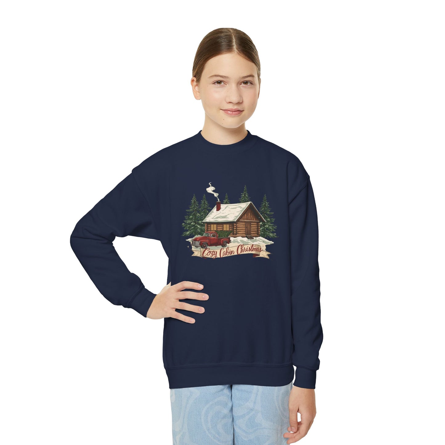 Cozy Cabin Christmas Youth Crewneck | Kids Holiday Sweatshirt | Vintage Cabin & Red Truck Christmas Sweater (10 Colors)