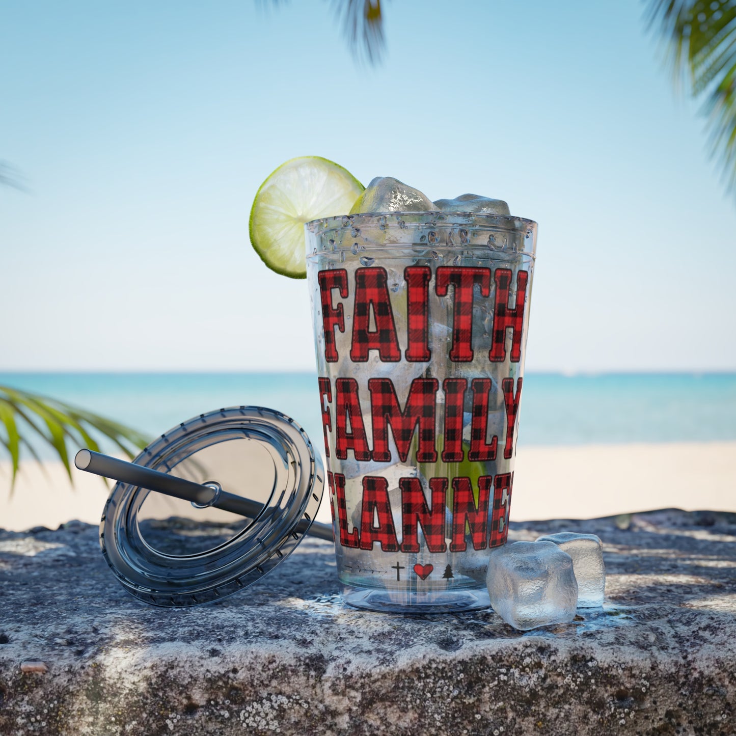 Faith, Family & Flannel Acrylic Tumbler with Straw | Christian Buffalo Plaid Cup (9 Color Options)