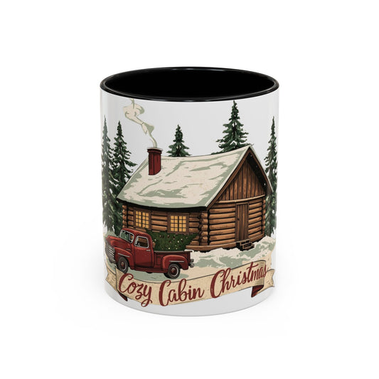 Cozy Cabin Christmas Accent Mug | Rustic Holiday Log Cabin Coffee Cup (11oz & 15oz | 8 Color Options for 11oz, 5 for 15oz)