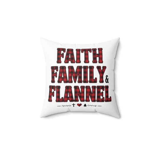Faith, Family & Flannel Square Throw Pillow | Rustic Plaid Farmhouse Décor (4 Sizes)