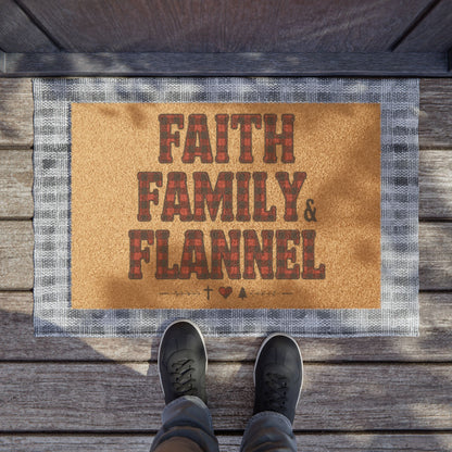 Faith, Family & Flannel Doormat | Rustic Plaid Fall & Winter Welcome Mat | Cozy Holiday Entryway Décor