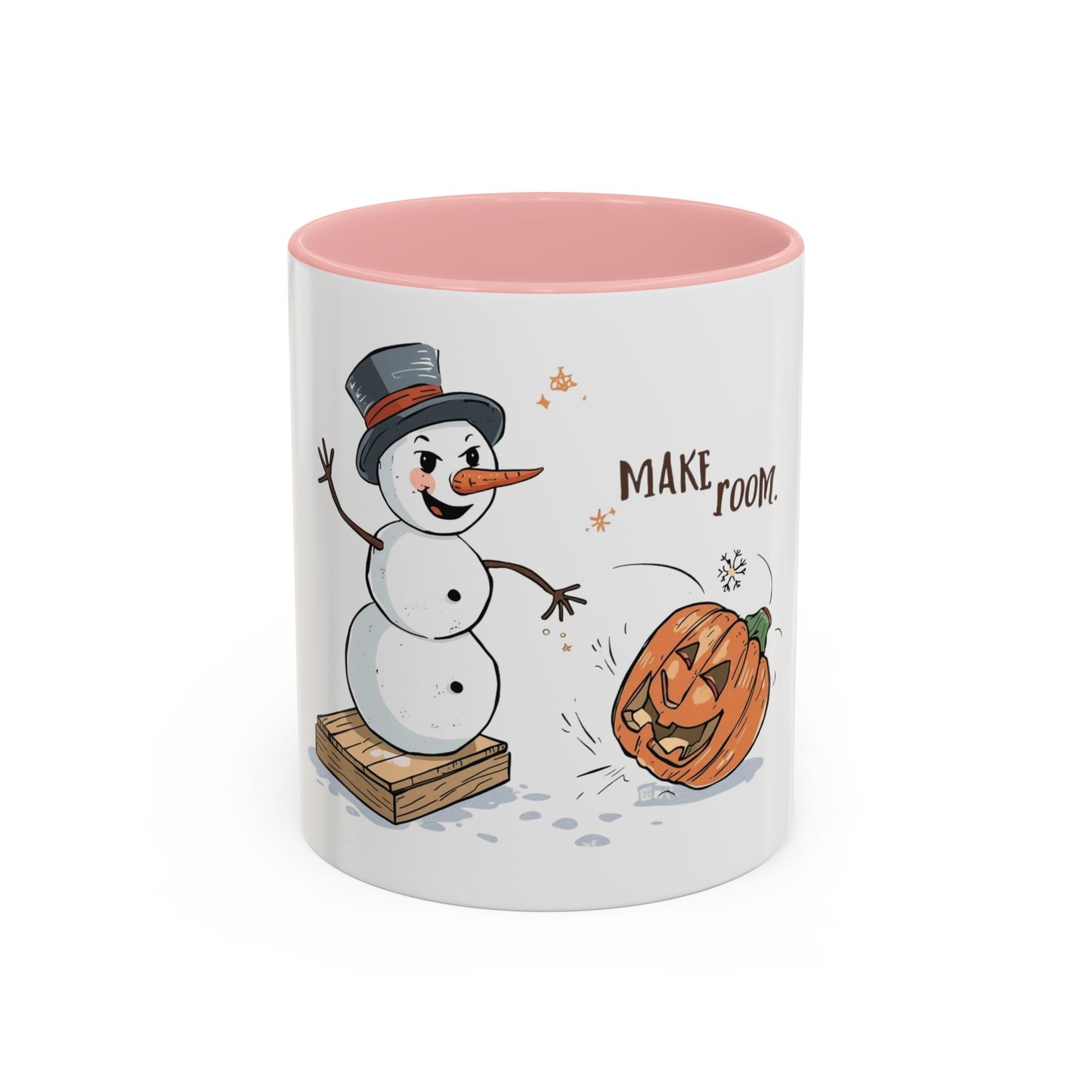 Winter to Fall Humor Mug – “Make Room” Snowman & Pumpkin Mug