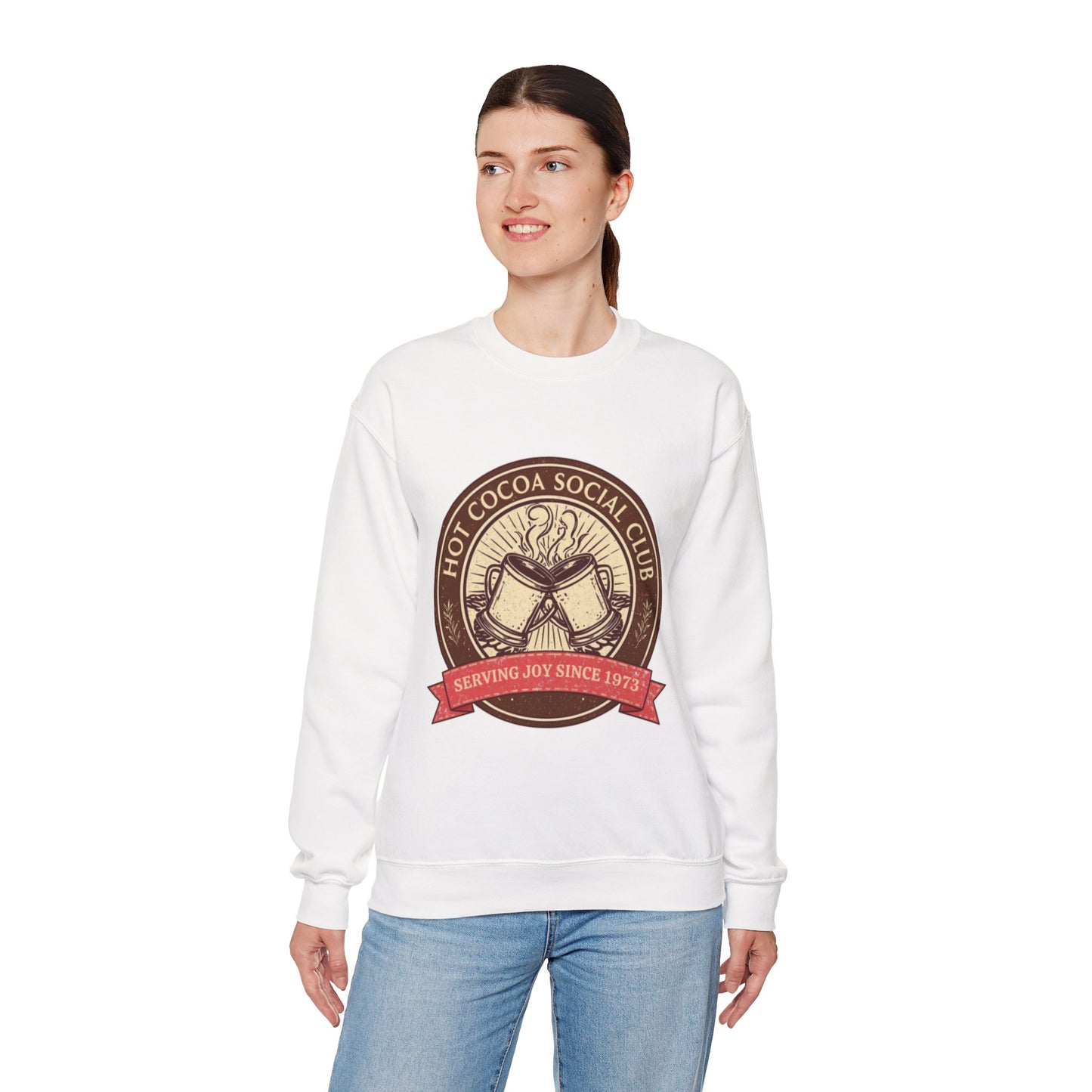 Hot Cocoa Social Club Crewneck Sweatshirt | Vintage Holiday Pullover | Cozy Winter “Serving Joy Since 1973” Sweatshirt
