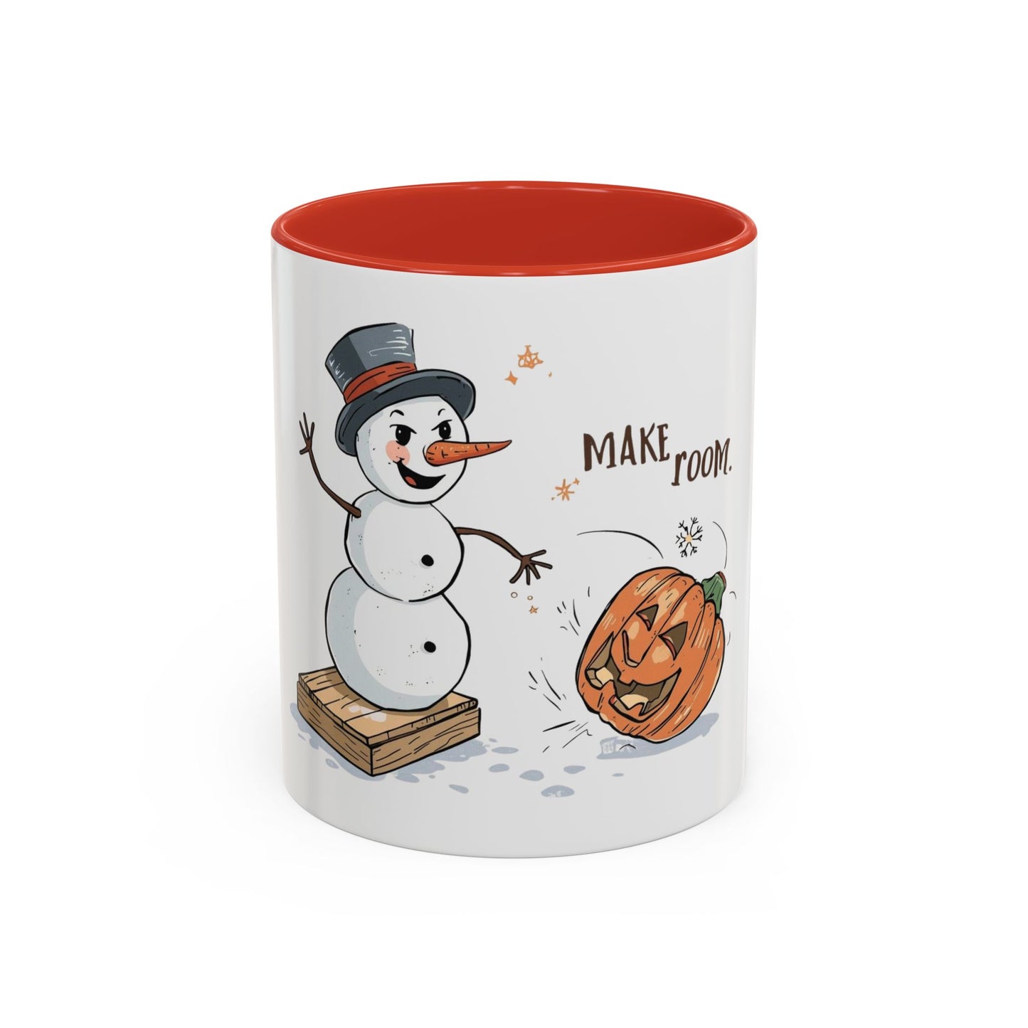 Winter to Fall Humor Mug – “Make Room” Snowman & Pumpkin Mug
