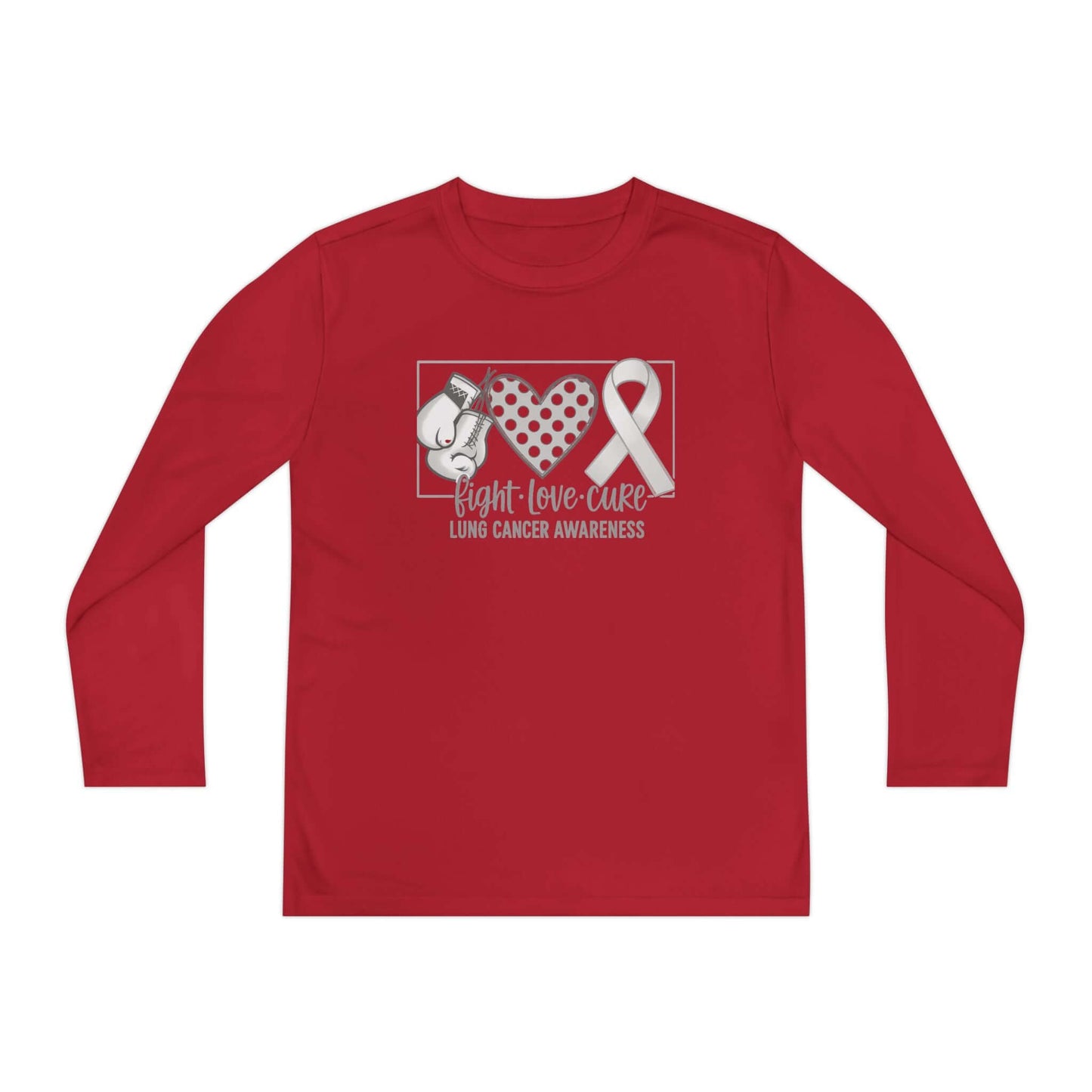 Fight Love Cure Lung Cancer Awareness Youth Long Sleeve Shirt | Kids Awareness Tee on a red background with boxing gloves and ribbon design.